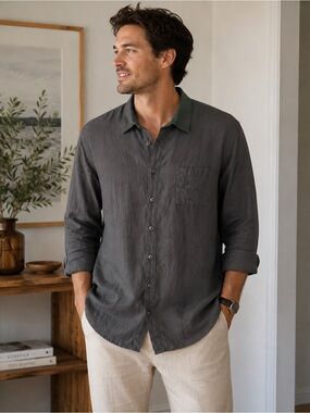 FLAX 100% Linen Men’s Button Down Shirt Large Charcoal Gray Relaxed Fit
